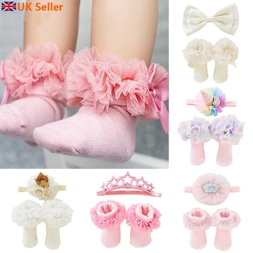 UK Baby Girl Lace Ruffled Ankle Socks School Party Sock /& Headband Baby Set Gift