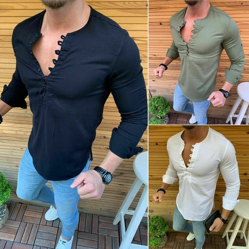 Hot Men Slim Fit V Neck Long Sleeve Muscle Tee T-shirt Casual Tops Blouse M-2XL