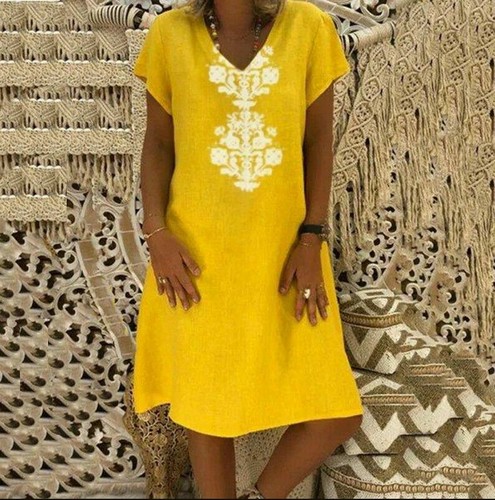 UK Ladies Summer Tops lace Neck Short Sleeve shirt Cotton Linen Dress plus size