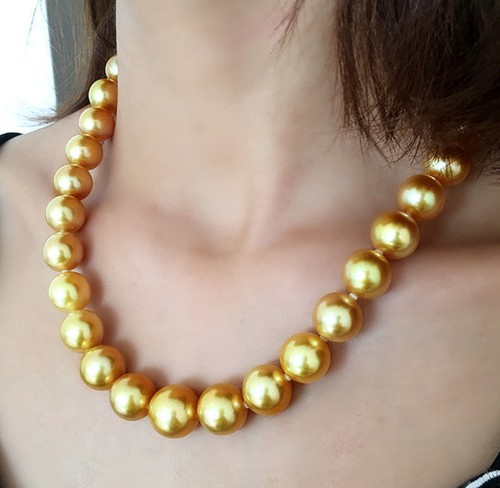 Huge 12mm Genuine Golden South Sea Shell Pearl Round Beads Necklace 18/'/' AAA