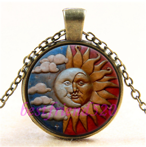 Vintage Sun & Moon Fusion Photo Cabochon Verre Bronze Collier Pendentif #CA33 
