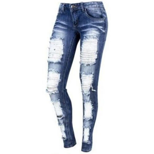 Womens Distressed Ripped Frayed Skinny Denim Jeans Long Trousers Jeggings Pants
