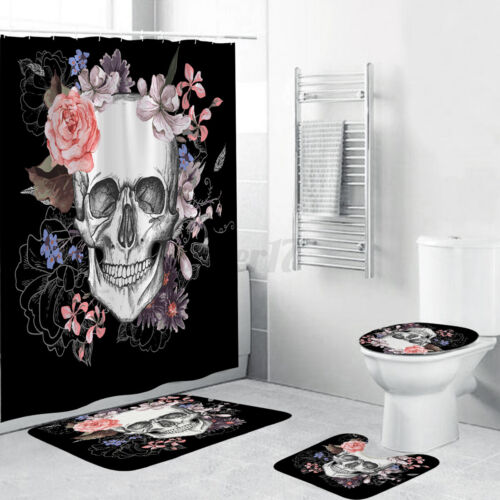 3D US Skull Waterproof Shower Curtain Bathroom Non-Slip Toilet Cover Mat Rug Set 
