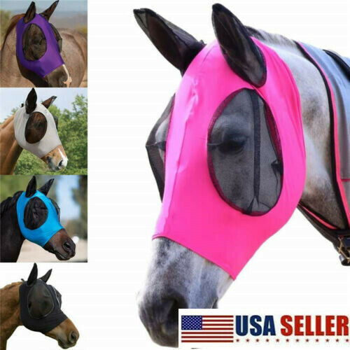 Details about  &nbsp;US Horse Fly Masks with Ears Full Face Riding Cover Lycra Cotton with Mesh Eyes