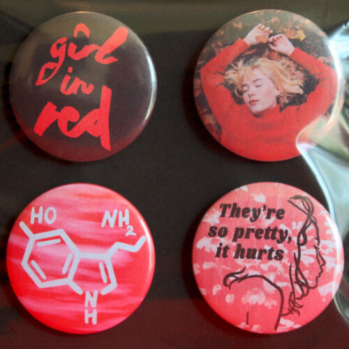 Girl In Red badges music set of 4x 32mm quality metal pin back button badge 
