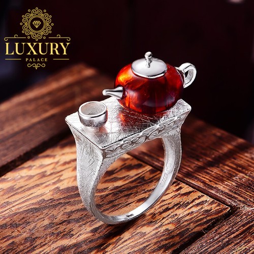 Natural Amber Handmade Cute Teapot Real 925 Sterling Silver Women Rings