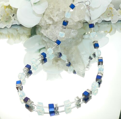 Halskette Würfelkette Perlen Hämatit blau Glas  Opalith facettiert Strass 064d