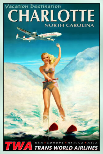CHARLOTTE N Carolina TWA Lake Norman Waterski Travel Poster Pin Up Art Print 127