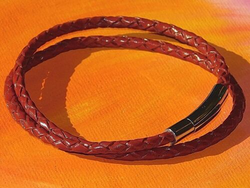 Mens Lyme Bay Art ladies 3mm tan braided leather & stainless steel bracelet 