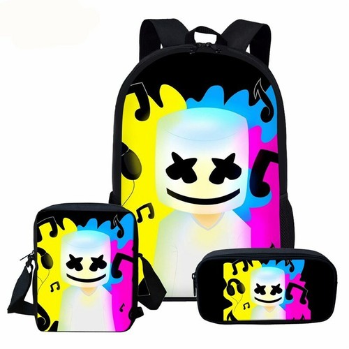 DJ Marshmello Backpack Travel Laptop Bag 3pcs Schoolbag Lunchbag Penbag Bookbag