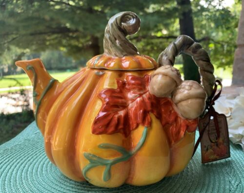 Blue Sky Autumn Pumpkin Teapot by Clayworks For Unique Whimsical Tea Party