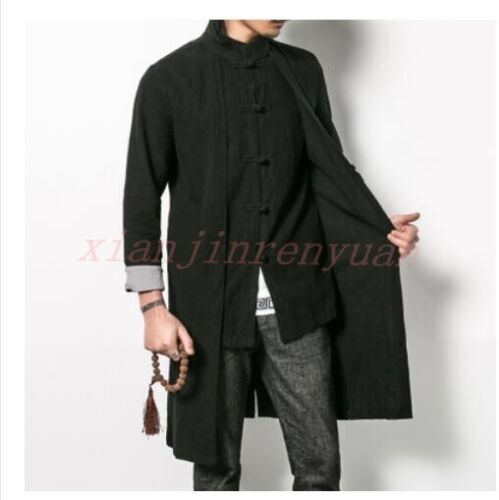 Spring Vogue Mens Trench Coat Chinese Style Button Linen Tang Suit Casual Jacket 