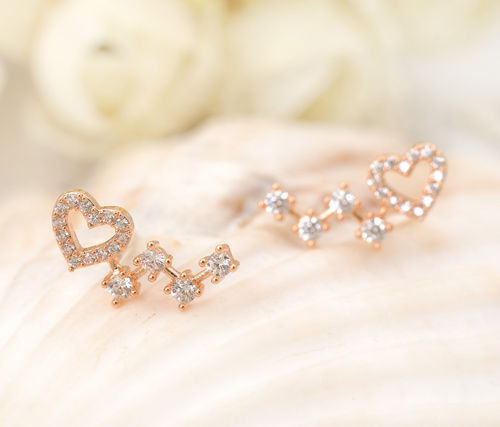 Elegant 925 Sterling Silver Rose Gold Sparkling Crystal Heart Stud Earrings