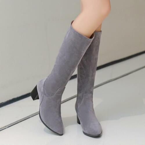 Womens Pointed Toe Chunky Heels Side Zipper Knee High Knight Boots Casual Shoes 