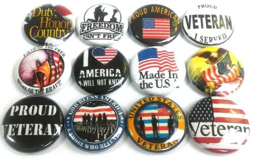 1/" Buttons PINS Badges Pinbacks One Inch USA America VETS 12 PROUD VETERAN