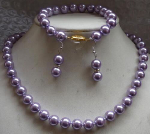 Pretty 8 mm Lavender Purple South Sea Shell Perle Collier Bracelet Boucles d'oreilles Set 