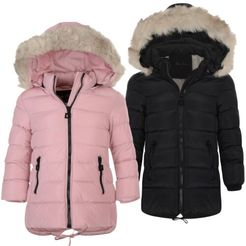 Girls Belted Quilted Jacket Kids Long Padded Detach Hood Winter Zip Coat 3-14 Y