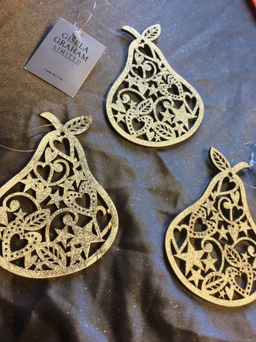 3 x Gisela Graham décoratifs en bois Poire Arbre de Noël ornement suspendu 437