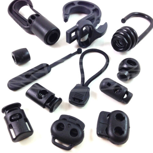 PLASTIC BLACK BUNGEE ELASTIC STOPS DOUBLE HOLES HOOKS SHOCK CORD ENDS STOPPERS