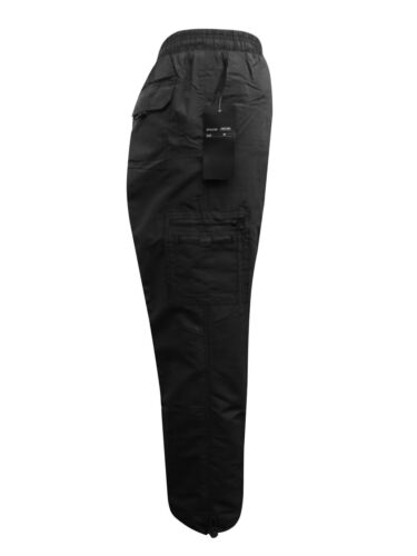 NEW MENS BLACK FLEECE LINED ELASTICATED THERMAL CARGO WARM CASUAL WORK TROUSERS