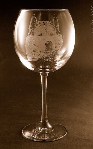 New Etched Siberian Husky on Large Elegant Wine Glasses Set of 2