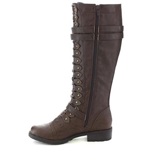 Women Knee High Lace Up Buckle Fashion Military Martin Boots Leather Boot Shoes 
