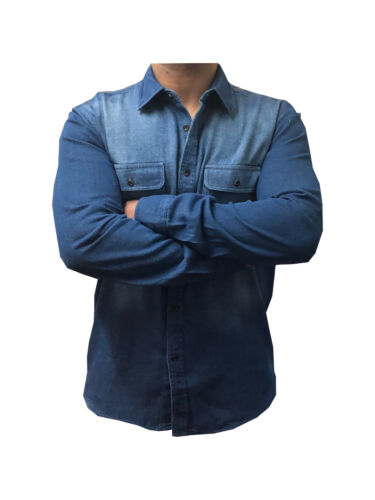 Mens New Heavy Duty Denim Jeans Shirt Cotton Work Causal Flap Pocket Top Shirts 