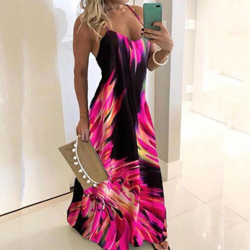 Womens Boho Strappy Maxi Long Dress Beach Holiday Floral Print Loose Plus Size