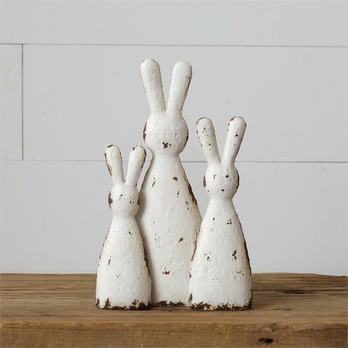 BUNNY RABBIT FAMILY White Spring Farmhouse Cottage Chic Easter Distressed 10/"