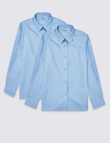 NEW M/&S Girls School Blue non iron Long Sleeve Blouse  2 Pack Age 4-5