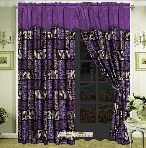 4-Pc Big Cat Feline Modern Rectangle Patchwork Cheetah Tiger Curtain Set Purple
