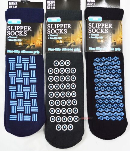 Mens 3 Pairs Slipper Gripper Thermal Socks Non Slip Silicone Grip Winter Warm