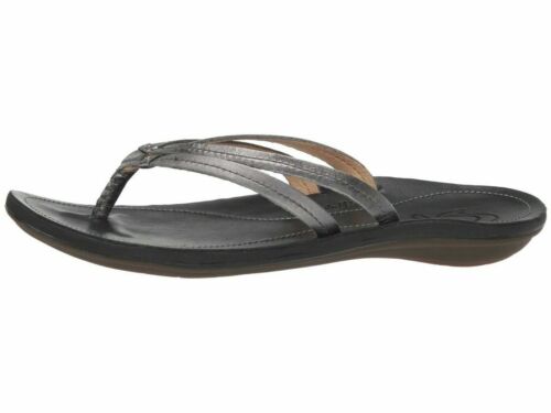 OluKai U'I Pewter Black Women's Casual Leather Thong Sandals 20245-7340 