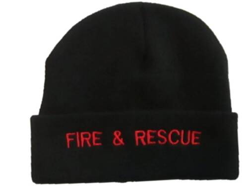 RED Text Retained Firefighter Personnell Fire & Rescue BLACK Woolly Beanie Hat 