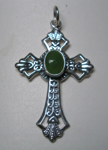 Brand New Antiqued Finish Sterling Silver Genuine Jade Cross Pendant 