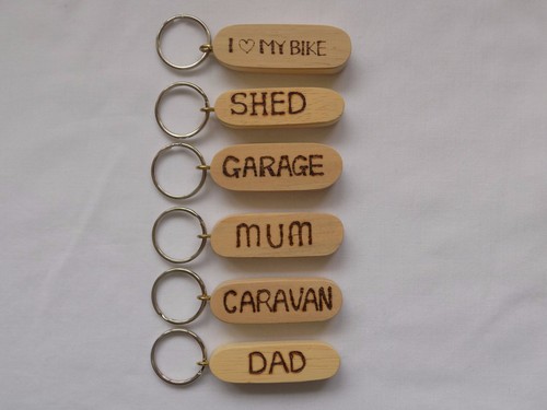 Personalised Wood Keyring Pyrography Dad Mum Shed Garage Caravan Own Name //Word