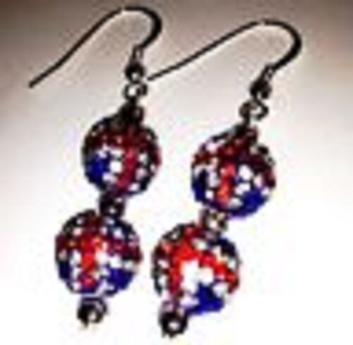 UNION JACK  DROP EARRINGS WITH 2 CLAY CZECH CRYSTAL DISCO BEAD-UK SELL