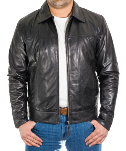 Mens New Black Soft Lamb Leather Casual Smart Fitted Zipped Bomber Collar Jacket 