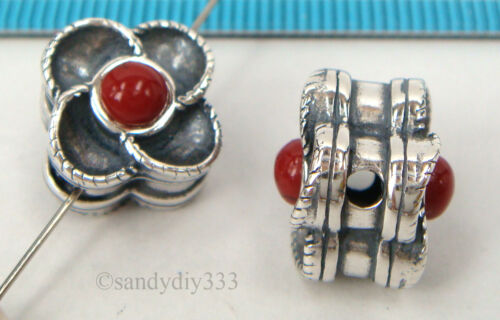 1x OXIDIZED STERLING SILVER RED CORAL STONE FLOWER SPACER BEAD 11.2mm #2284 