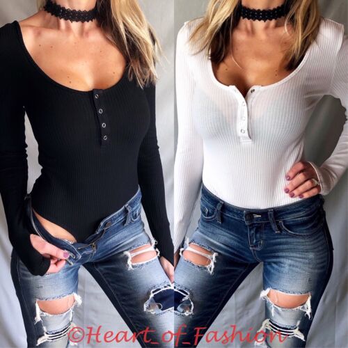 Women&#039;s Snap Button Low Cut Scoop Neck Thermal Ribbed Thumbholes Bodysuit Top