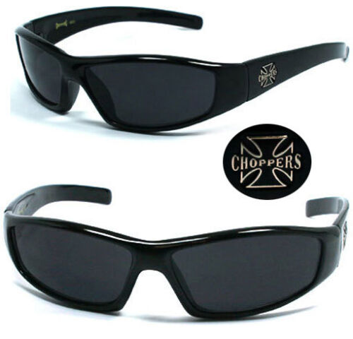 Choppers Kreuz Biker Herren UV400 Sonnenbrille Beutel Schwarzes Gestell