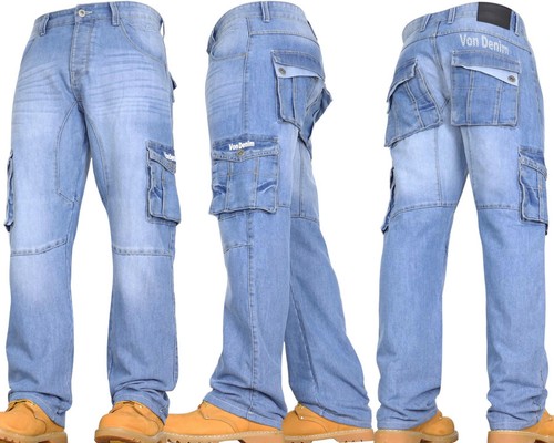 VON DENIM Mens Boys Casual Cargo Combat Work Pants Jeans Trousers Waist Sizes