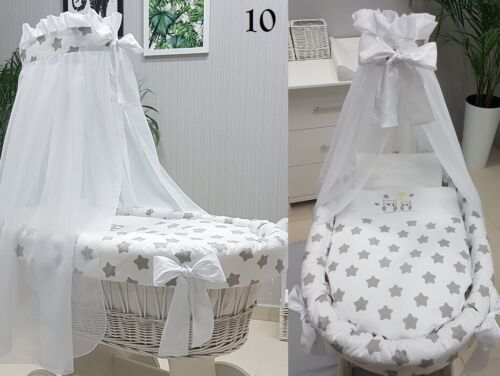 BEDDING SET TO FIT MOSES BASKET WITH CANOPY OR HOOD WITH TULLE 16 COLOURS
