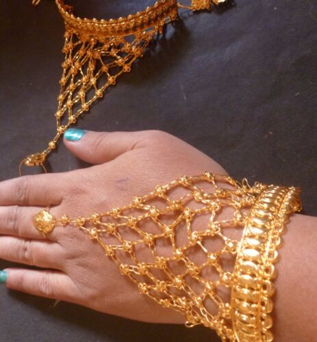 22K Gold Plated Indian one Ring Two Pieces Haat panja Hand Jewelry Bracelet .. 