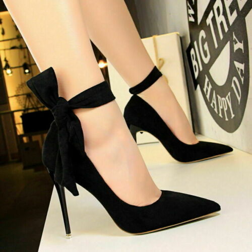 Ladies Womens Bow-Knot Pumps High Heels Pointy Toe Ankle Strap Wedding Shoes