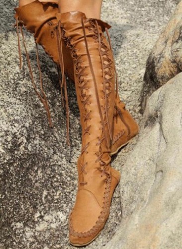 Neu Stiefel Retro Damen Overkneestiefel Flach Punk Gladiator Freizeit Schuhe
