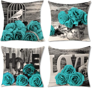 Throw Pillow Covers for Couch Pillows Turquoise or Red Rose Cushion Case Set of