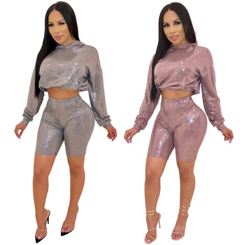 Women Hooded Long Sleeve Shiny Crop Tops Bodycon Short Pants Casual Jumpsuit 2pc