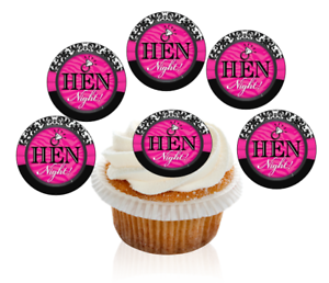 12 Pre Cut Pink and Black Hen Night Edible Cupcake Decorations Toppers