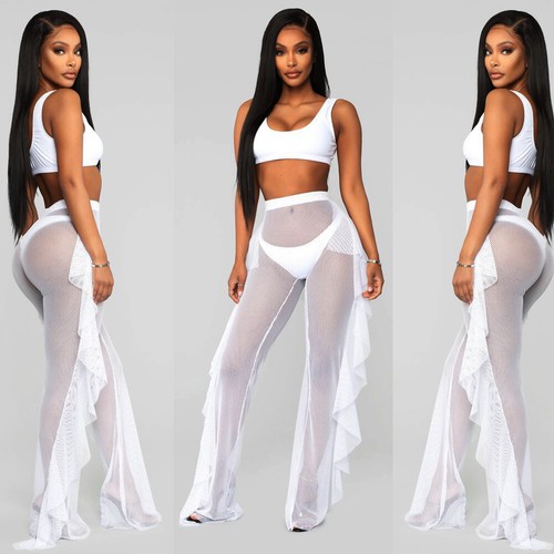 Women High Waist See Through Flared Leg Mesh Summer Beach Long Pants Trousers